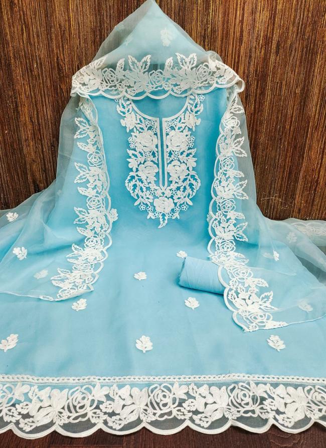 Organza Silk Sky Blue Festival Wear Embroidery Work Dress Material